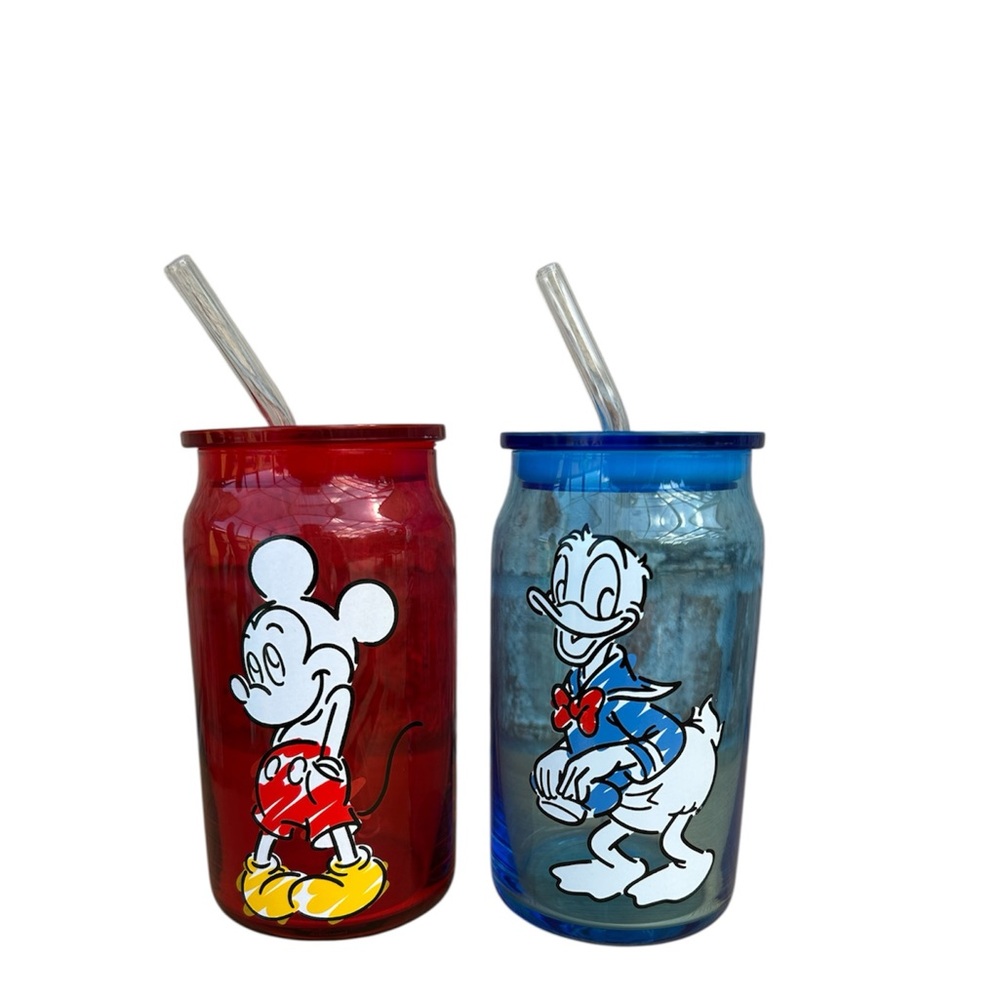 Disney Mickey Mouse Donald Duck Color Sketch Plastic lid Glass Straw / Tumbler
